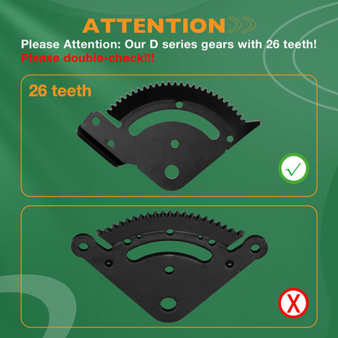 Comparison of 26 teeth D Series lawn tractor gears showing correct and incorrect options