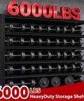 Heavy Duty Garage Shelving 6 Tier Steel Storage Rack 6000 Lbs Capacity displaying weights on shelves in black metal finish.