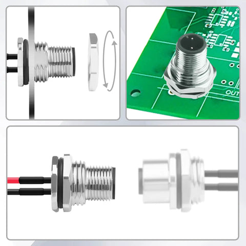 2 Pack Rugged M12 2 Pin Male Connector Cable A-Coded IP67 Waterproof Aviation Connector Pin To Bare Wire 22AWG Tinned Copper Sensor Cable For PCB Board 12 Cm 4.72 Inch showing close-up and installation view on PCB