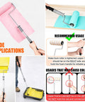 Extendable 9 Inch Paint Roller Kit With 6 Pack Includes Five Microfiber Roller Covers 1/2 Inch Nap Telescoping Roller Frame From 18 To 36 Inches For Walls Ceilings Floors And All Your Home DIY Painting Projects in use with various paint colors and application tips displayed.
