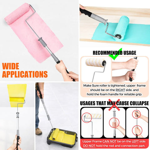 Extendable 9 Inch Paint Roller Kit With 6 Pack Includes Five Microfiber Roller Covers 1/2 Inch Nap Telescoping Roller Frame From 18 To 36 Inches For Walls Ceilings Floors And All Your Home DIY Painting Projects in use with various paint colors and application tips displayed.