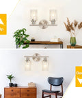 2 Light Wall Sconce Vanity Light In Brushed Nickel With Clear Glass Shades, shown facing up and down in living spaces.