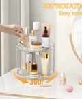 Rotating Makeup Organizer With Two Tier Lazy Susan Turntable For Vanity And Bathroom Counter shown with skincare products.