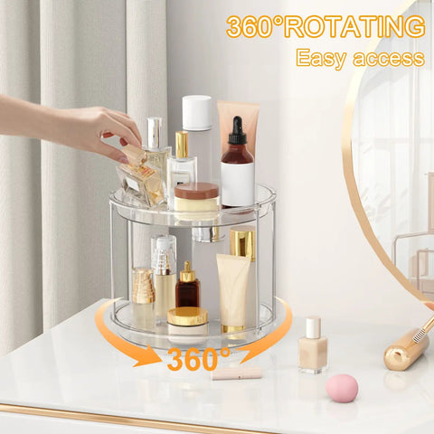 Rotating Makeup Organizer With Two Tier Lazy Susan Turntable For Vanity And Bathroom Counter shown with skincare products.