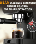 Straight Out The Coffeehouse, Espresso Maker With Auto Milk Frother And Touchscreen Controls, showing espresso extraction at 20 bar pressure.