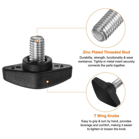 M8 Black T Wing Thumb Screw with threaded stud, smooth zinc finish, ideal for quick adjustments in DIY workshops.