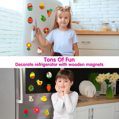 Kids Easter Craft Kit with 36 Wooden Magnets and 12 Colored Pens displayed on a refrigerator, featuring egg, bunny, chick shapes.