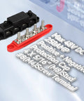 Road Ready 250A DC Power Distribution Bus Bar For Cars And Trucks With Four M8 Studs Ring Terminals And Slick Protective Cover For Marine Rv Wiring Setups, showing four terminals and protection cover.