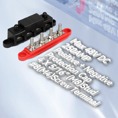 Road Ready 250A DC Power Distribution Bus Bar For Cars And Trucks With Four M8 Studs Ring Terminals And Slick Protective Cover For Marine Rv Wiring Setups, showing four terminals and protection cover.