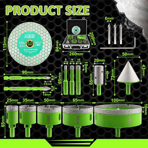 Built Tough Diamond Tile Hole Saw Kit 16 Piece Core Drill Set For Concrete Masonry Brick Tri Shank with product sizes displayed.