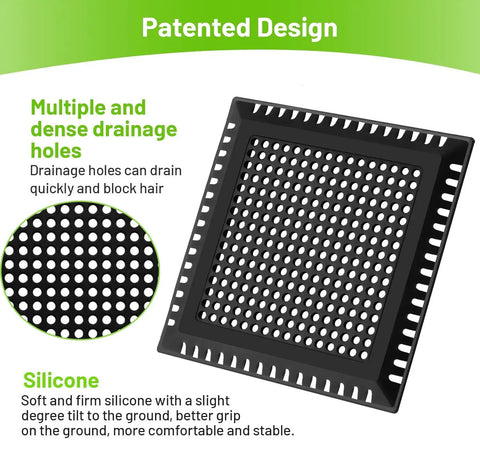 Stainless Steel Shower Drain Cover With Ultra Soft Silicone Grip Nabs Every Stray Hair And Kills Drain Clogs Dead Keeping Your Bathroom Totally Hassle Free Super Non Slip Secure Fit For Rapid Water Flow Daily, featuring multiple drainage holes and silicone border.