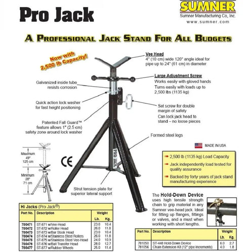 Diagram of Hi Pro Jack With Vee Head Adjustable From 28 To 49 Inches 2500 Lb Capacity Heavy Duty Shop Jack, features labeled.