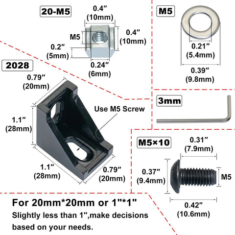 Diagram showing dimensions of 20 Corner Bracket Kit For 2020 Aluminum Extrusion Rails Includes 40 Hex Screws, 40 Slide Nuts, 40 Washers, And 2 Hex Wrenches.