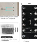 Dead On Aluminum Alloy Shelf Pin Drill Template With Six Knurled Steel Bushings For Flawless Perfect Cabinet Hardware Install And Zero Drama Woodworking Setup showing precise hole spacing at 32mm increments.