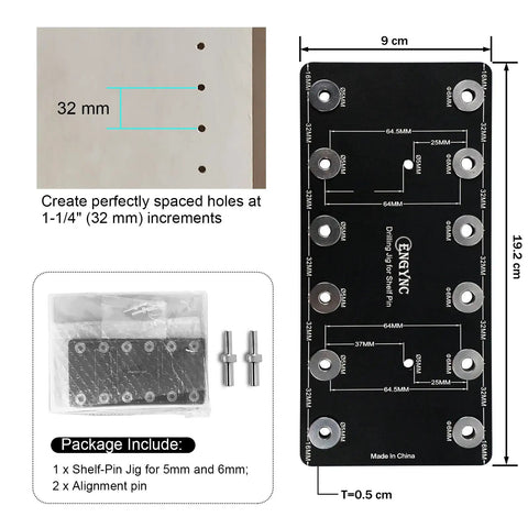 Dead On Aluminum Alloy Shelf Pin Drill Template With Six Knurled Steel Bushings For Flawless Perfect Cabinet Hardware Install And Zero Drama Woodworking Setup showing precise hole spacing at 32mm increments.