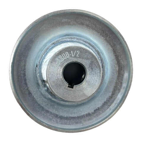 Half Inch Bore Three Inch Outer Diameter Single Groove V Belt Pulley For A 4L 3L Belts Beefy Carbon Steel Motor Pulley Zinc Plated With One Eighth By Sixteenth Inch Keyseat Two Screws And Included Wrench product view showing central bore and groove detail