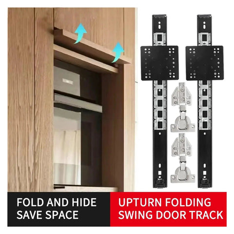 Rock Solid Side Mounted Ball Bearing Drawer Slides With Smooth Silent Glide Mechanism And Built Tough Cold Rolled Steel Frame For Full Extension Cabinet Hardware At Two Foot Length shown with upturn folding swing door track.