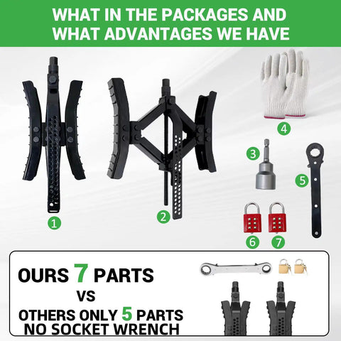 Wheel Chock Stabilizer With Rotatable Sides For RV And Travel Trailer Tires That Lock Tandem Wheels On Uneven Surfaces 2 Pack With Ratchet And Password Locks No Fuss Black shown with tools and components.