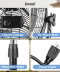 Close-up of 18 Inch High Velocity Pedestal Fan With Adjustable Height, showing 3 speed settings, tilt-angle head, and power cable.