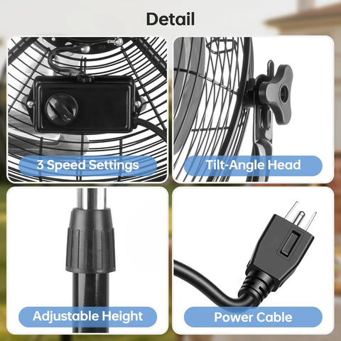 Heavy Duty 20 Inch High Velocity Pedestal Fan With 3 Speed Settings And Adjustable Height From 47 To 55 Inches, control panel, tilt head, adjustable height and power cable details visible in close-up image.