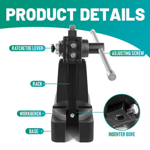 Badass 3 Ton Manual Arbor Press With Smooth Hand Wheel, Heavy Duty Cast Iron Frame And 12 Inch Capacity For Riveting Hole Punching, Bending And Metal Forming Projects Done Right Without The Hassle In Black showing product details like adjusting screw and ratchet lever.