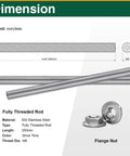 Rock Solid Six Pack Of M6 X 250 Millimeter Fully Threaded Rods Plus Flange Nuts Heavy Duty 304 Stainless Steel dimensions showing rods and nuts.