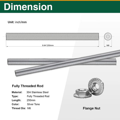 Rock Solid Six Pack Of M6 X 250 Millimeter Fully Threaded Rods Plus Flange Nuts Heavy Duty 304 Stainless Steel dimensions showing rods and nuts.
