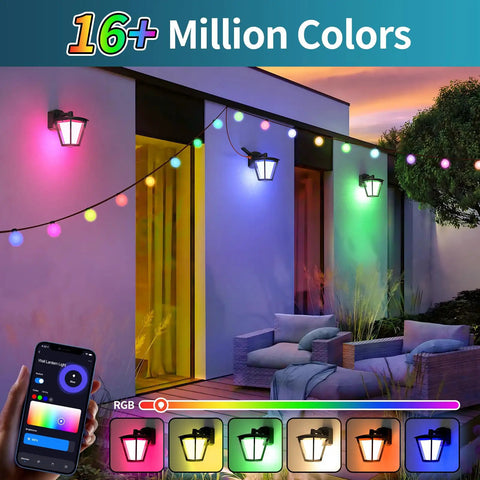 Colorful outdoor wall lighting with app control, showcasing Three Color Switchable LED Porch Light With GFCI Outlet And Dusk To Dawn Sensor