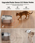 Cat approaching Cordless Wide Tray Dog Water Fountain With 5000mAh Battery Powered Pet Water Dispenser Three Motion Sensors Stainless Steel 8L Capacity Great For Multi Pets Easy Setup And Cleaning No Cords with radar sensor detection