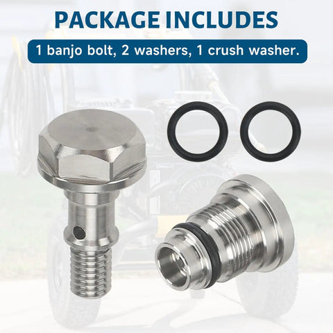 Must Upgrade Handle Knobs And Stainless Steel Banjo Bolt Kit For Dewalt DXPW3224, 3324 Pressure Wasers With Idle Down Valve Replacement To Boost Efficiency And Lock In That Fresh Cold Water Flow Right Now. stainless steel banjo bolt kit with 2 washers and 1 crush washer