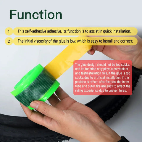 Self-Adhesive Fat Bike Tire Liner TPU Puncture Protector For 20 To 26 Inch Fat Tires, green roll shown being unrolled by hand