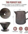 Real Heavy Duty Ceramic Pour Over Coffee Dripper Fits Standard Number Two And Four Paper Filters 15 Ounce Size displayed with dimensions