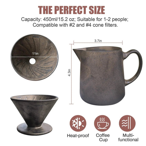 Real Heavy Duty Ceramic Pour Over Coffee Dripper Fits Standard Number Two And Four Paper Filters 15 Ounce Size displayed with dimensions