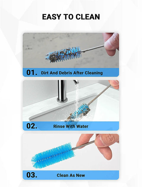 66 Inch Drain Cleaning Brush Set For Pipes And Sewers, Flexible Long Cleaner Tool With Dual Head Brushes, 5 Size Heads For Tight Corners, Heavy Duty Tube Cleaner Kit For Home, Kitchen, And DIY Plumbing, shown rinsed clean