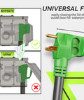 30 Amp 30 Feet RV Lockable Power Extension Cord With TT 30P Plug For Generator Use, Built Tough Outdoor RV Cable, Weatherproof Camping Trailer Extension, Long Reach For Safe Distance And Noise Reduction; green plug close-up