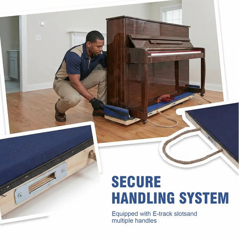 Man using Piano Moving Pad 6 Ft Heavy Duty Sliders With 1000 Lb Capacity Built On Solid Hardwood Platform 72 In Long By 13 In Wide By 6.3 In Tall Blue Move Pad For Safe, Smooth Instrument Relocation