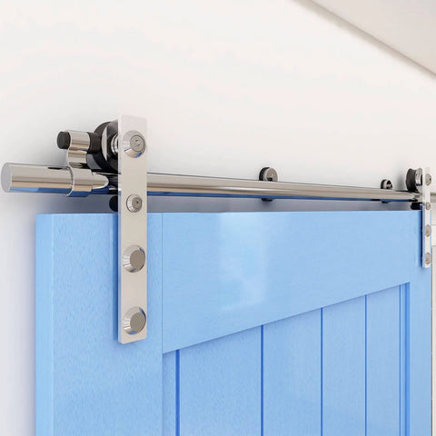 16 Feet Sliding Barn Door Hardware Kit Heavy Duty Stainless Steel Track Brushed Nickel For Double Wood Doors, Smooth Quiet Glide