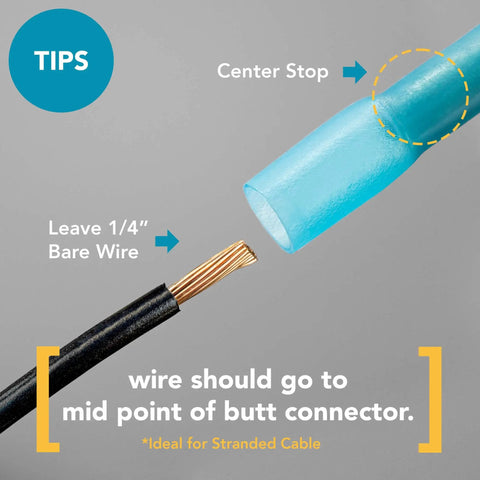 Installation tips for Built Like A Tank Heat Shrink Insulated Ring Crimp Terminals, highlighting wire placement and connectors.