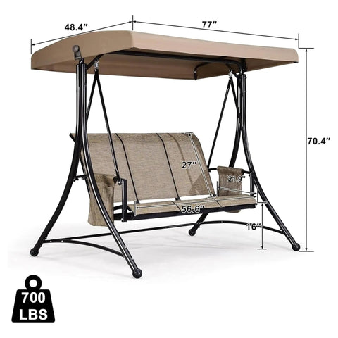 Three Seat Deluxe Outdoor Porch Swing With Weather Resistant Steel Frame Heavy Duty Construction Adjustable Tilt Canopy