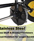 Close-up of stainless steel gearbox with rust-resistant fasteners for Pro Grade Walk Behind Broadcast Spreader For All Season Lawn Care And Commercial And Residential Use With 100Lb Hopper And 13 Inch All Terrain Pneumatic Tires Enclosed Gearbox Grate Cover Spreads Seed Fertilizer Salt And Snow Melt Across Large Areas.