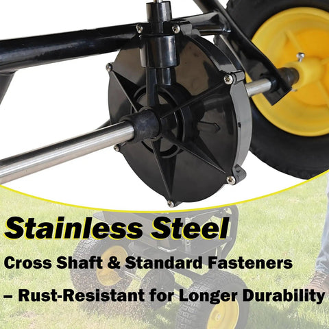 Close-up of stainless steel gearbox with rust-resistant fasteners for Pro Grade Walk Behind Broadcast Spreader For All Season Lawn Care And Commercial And Residential Use With 100Lb Hopper And 13 Inch All Terrain Pneumatic Tires Enclosed Gearbox Grate Cover Spreads Seed Fertilizer Salt And Snow Melt Across Large Areas.