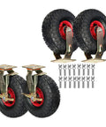 Heavy Duty Air Filled Caster Wheels With Swivel Brakes And Fixed Mounts, slick rolling casters with red wheels and bolts.