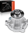 Front view of Engine Water Pump With Gasket For Ford Crown Victoria, Mercury Grand Marquis, Lincoln Town Car 1991 To 1997 4 6L V8 Replacement OEM Grade next to packaging box.