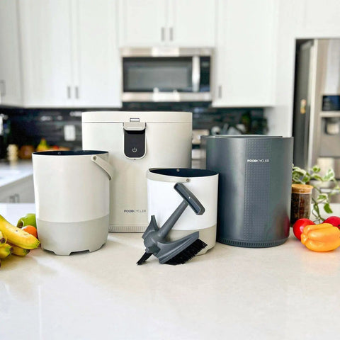 Double Your Kitchen Composting Capacity With Eco 3 Bucket And Infinity Brush Pack on white kitchen counter