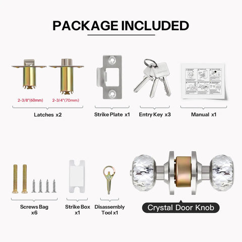 Crystal Glass Door Knob With Privacy Lock And Keys Satin Nickel Finish Diamond Cut Interior Door Knob package included