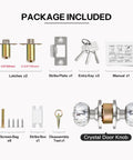 Crystal Door Knobs With Lock And Keys, 6 Pack Keyed Alike Glass Door Knob Set In Satin Nickel package contents display