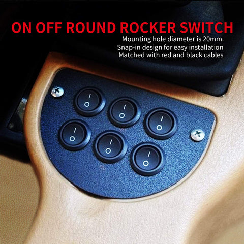 UL Listed 12V Round Rocker Switch SPST On Off 20mm Mini Circle Toggle installed on panel with 6 switches