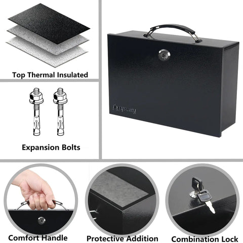 Fireproof Lock Safe Box For Documents And Valuables With A Beefy Carrying Handle, Steel Security Safe For Cash Jewelry Money And Personal Items, 0.38 Cu Ft Capacity, 13.2 W X 11 D X 4.5 H, Black