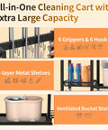 3 In 1 Cleaning Organizer Cart With Wheels And Vacuum Stand showing grippers, hooks, metal shelves, and ventilated bucket stand