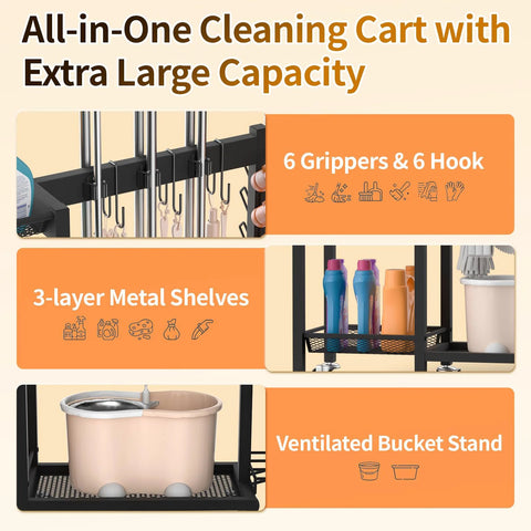 3 In 1 Cleaning Organizer Cart With Wheels And Vacuum Stand showing grippers, hooks, metal shelves, and ventilated bucket stand